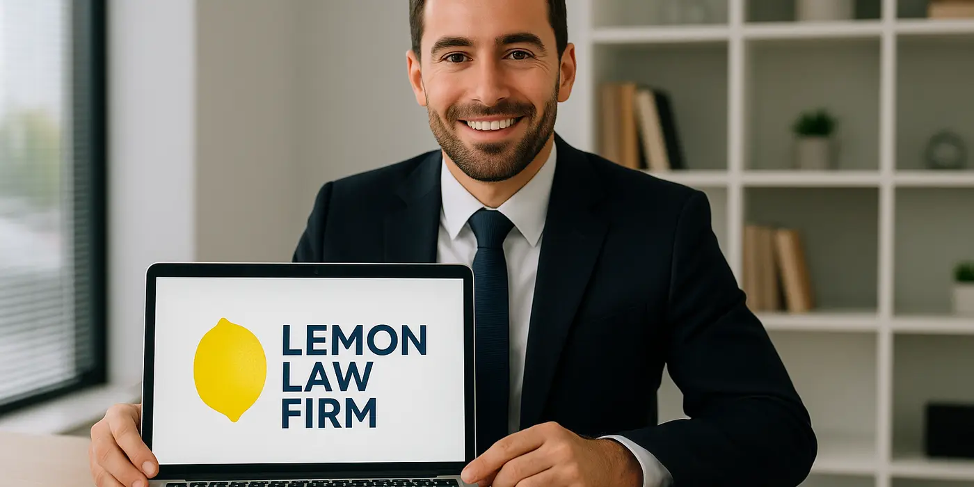 a lwayer in his office showing a laptop screen that says lemon law firm from Menes Lemon Law Firm in Doral, FL - Doral FL a lwayer in his office showing a laptop screen that says lemon law firm from Menes Lemon Law Firm in Doral, FL - Doral FL