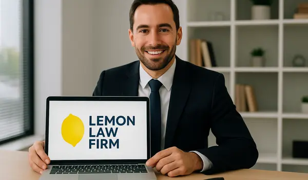a lwayer in his office showing a laptop screen that says lemon law firm from Menes Lemon Law Firm in Doral, FL - Doral FL