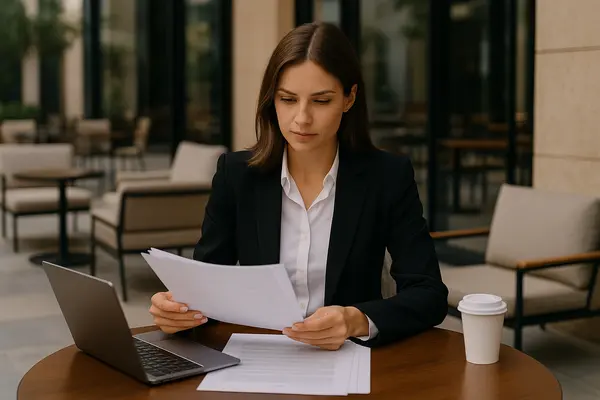 a female lawyer reading a document outside of a coffee place from Menes Lemon Law Firm in Key Biscayne, FL - Key Biscayne FL a female lawyer reading a document outside of a coffee place from Menes Lemon Law Firm in Key Biscayne, FL - Key Biscayne FL