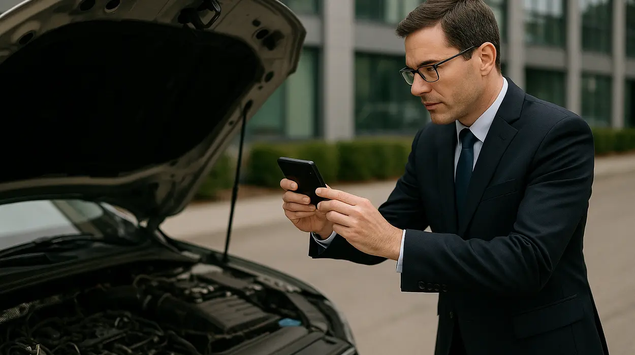 a man taking a picture with his phone under the hood of his lemon car from Menes Lemon Law Firm in Miami, FL Lawyer near me
