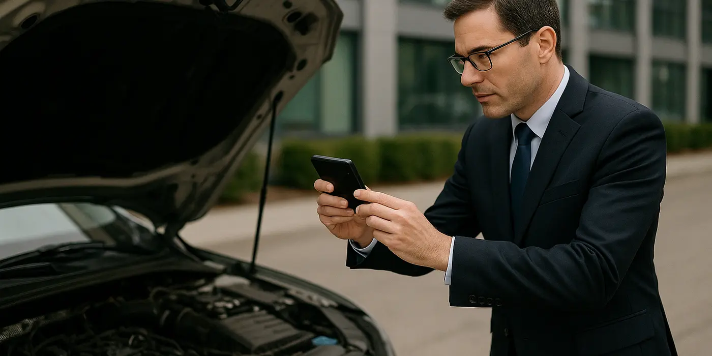 a man taking a picture with his phone under the hood of his lemon car from Menes Lemon Law Firm in Miami, FL Lawyer near me
