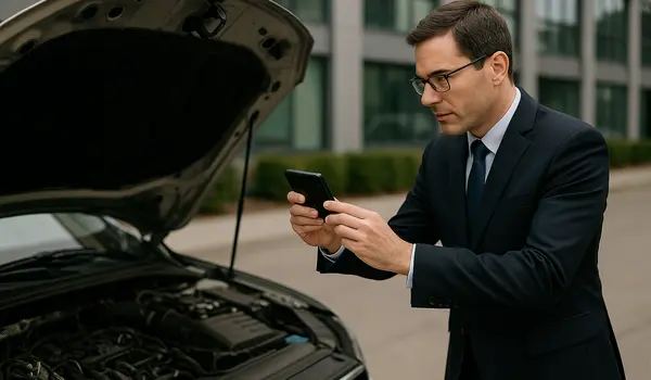 a man taking a picture with his phone under the hood of his lemon car from Menes Lemon Law Firm in Miami, FL Lawyer near me