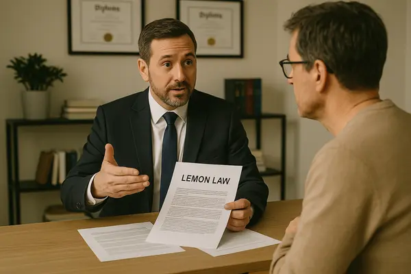 a lawyer in his office explaining the lemon law to a customer from Menes Lemon Law Firm in Miami, FL  Lawyer near me