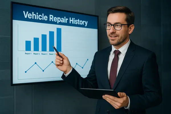 a lawyer giving a presentation with some statistics of vehicle repair history from Menes Lemon Law Firm in Miami, FL Lawyer near me