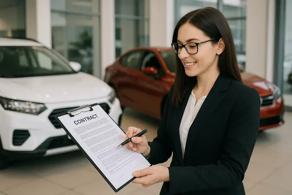 a woman representative holding a contract at a car dealership from Menes Lemon Law Firm in Miami, FL  Lawyer near me
