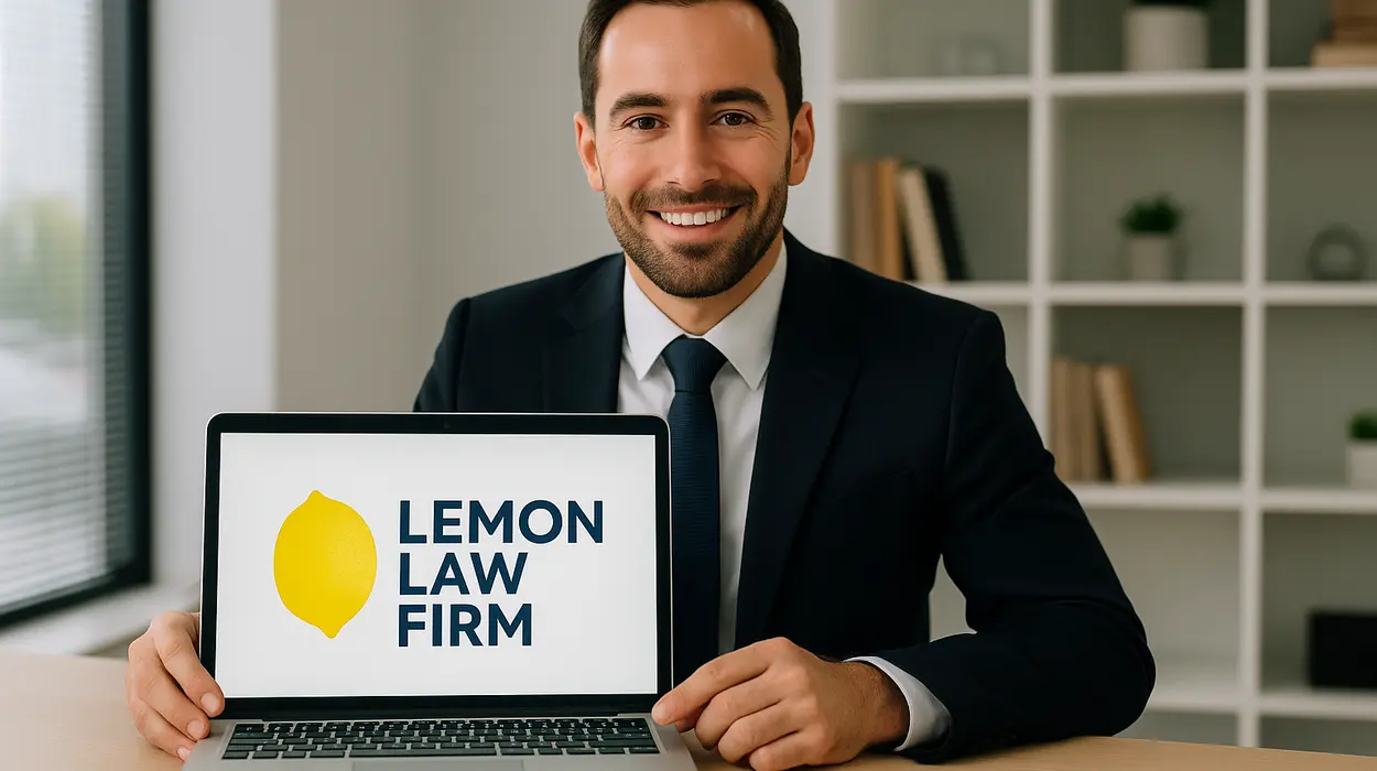 a lwayer in his office showing a laptop screen that says lemon law firm from Menes Lemon Law Firm in Miami, FL - Lemon law for Tesla Vehicles
