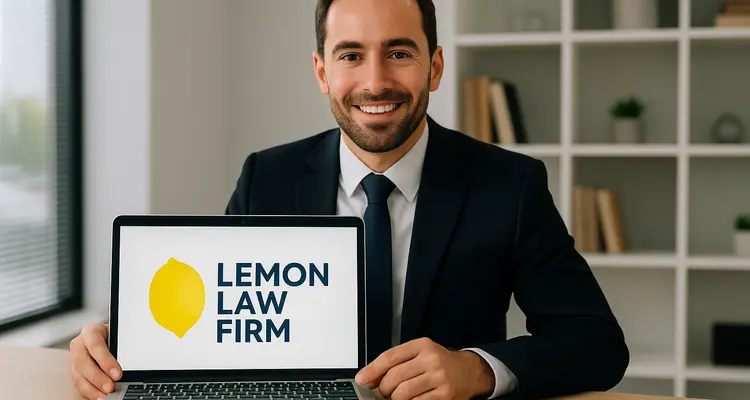 a lwayer in his office showing a laptop screen that says lemon law firm from Menes Lemon Law Firm in Miami, FL - Lemon law for Tesla Vehicles