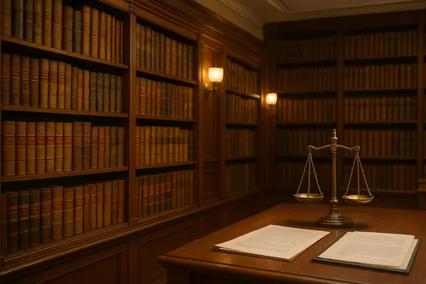 an empty office with bookshelves and the scale of justice on the desktop from Menes Lemon Law Firm in Miami, FL - Lemon law for used vehicles