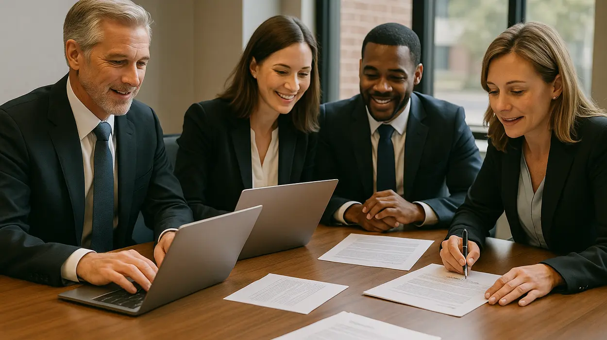a group of lawyers in a meeting from Menes Lemon Law Firm in Miami, FL - Lemon law in Miami, FL