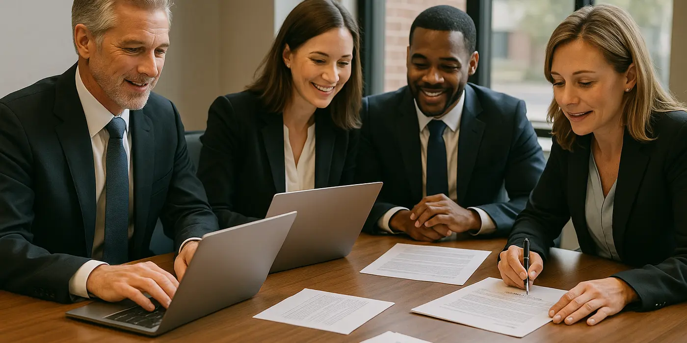 a group of lawyers in a meeting from Menes Lemon Law Firm in Miami, FL - Lemon law in Miami, FL