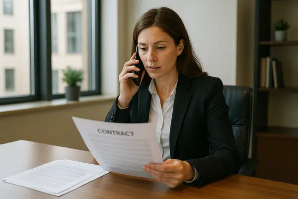 a female lawyer talking on her phone while holding a legal document from Menes Lemon Law Firm in Miami, FL - Lemon law in Miami, FL