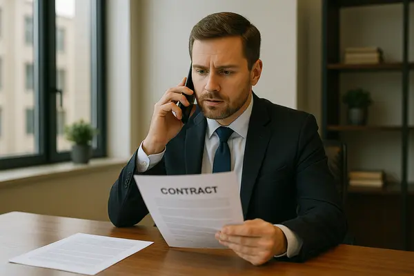 a male lawyer talking on his phone while holding a legal document from Menes Lemon Law Firm in Miami, FL - Lemon law in Miami, FL