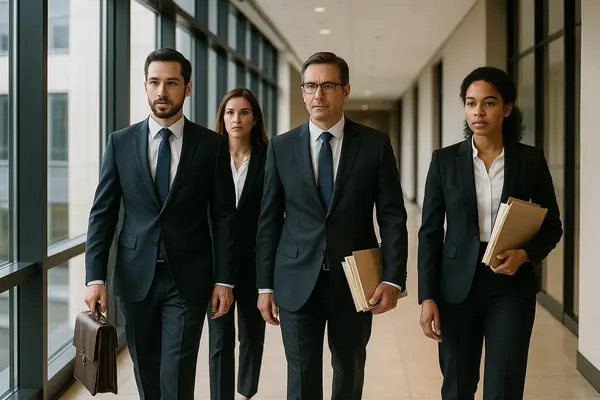 4 lawyers walking down the hall of a building from Menes Lemon Law Firm in Miami, FL - Lemon law in Miami, FL
