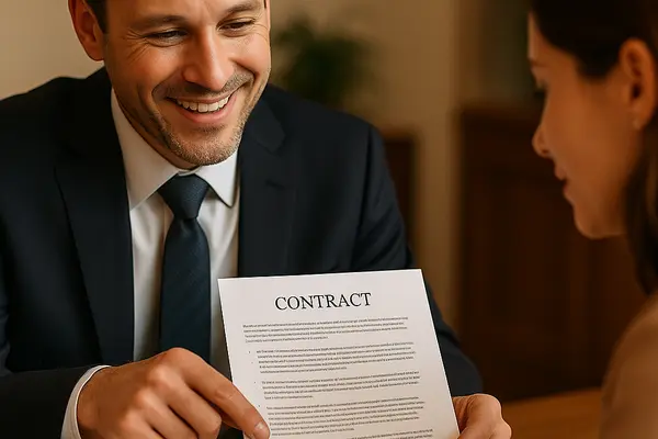 a lemon law lawyer smilig as he shows a contract to a woman from Menes Lemon Law Firm in Miami Gardens, FL - Miami Gardens FL a lemon law lawyer smilig as he shows a contract to a woman from Menes Lemon Law Firm in Miami Gardens, FL - Miami Gardens FL