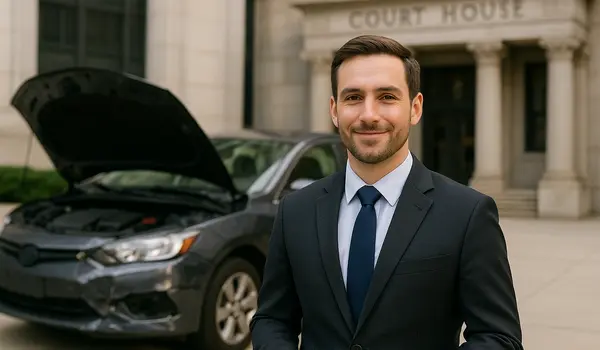 a male lawyer smiling at the camera with a lemon car in the background from Menes Lemon Law Firm in Sarasota, FL - Sarasota FL