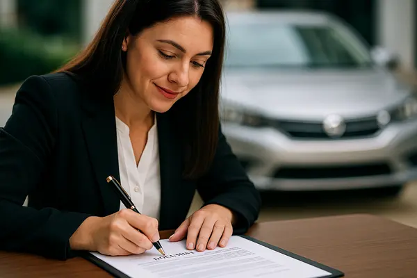 a female representative pointing with a pen to a car sales contract from Menes Lemon Law Firm in Sarasota, FL - Sarasota FL a female representative pointing with a pen to a car sales contract from Menes Lemon Law Firm in Sarasota, FL - Sarasota FL