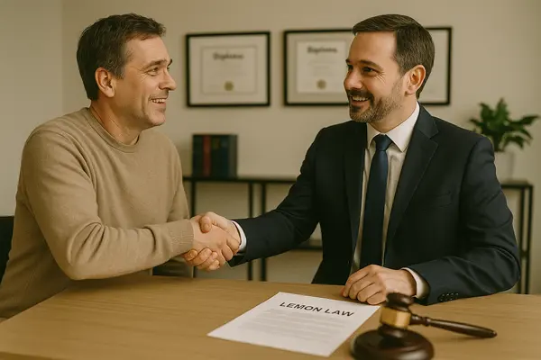 a lemon law lawyer shaking hands with a customer in his office from Menes Lemon Law Firm in Sarasota, FL - Sarasota FL a lemon law lawyer shaking hands with a customer in his office from Menes Lemon Law Firm in Sarasota, FL - Sarasota FL