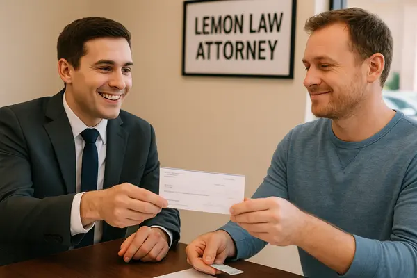 a lemon law lawyer handing a check to his customer after winning his case from Menes Lemon Law Firm in Sarasota, FL - Sarasota FL a lemon law lawyer handing a check to his customer after winning his case from Menes Lemon Law Firm in Sarasota, FL - Sarasota FL