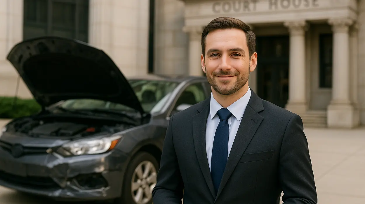 a male lawyer smiling at the camera with a lemon car in the background from Menes Lemon Law Firm in Miami, FL - what is a lemon car