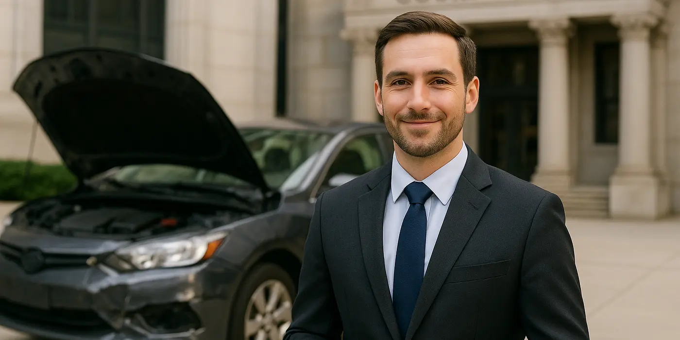 a male lawyer smiling at the camera with a lemon car in the background from Menes Lemon Law Firm in Miami, FL - what is a lemon car