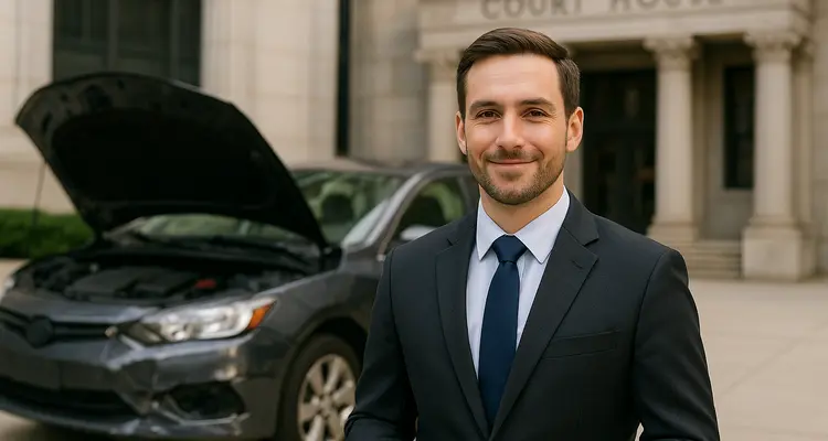 a male lawyer smiling at the camera with a lemon car in the background from Menes Lemon Law Firm in Miami, FL - what is a lemon car