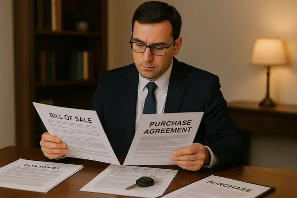 a lemon law lawyer in his office reading a bill of sales and purchase agreement from Menes Lemon Law Firm in Miami, FL - what is a lemon car