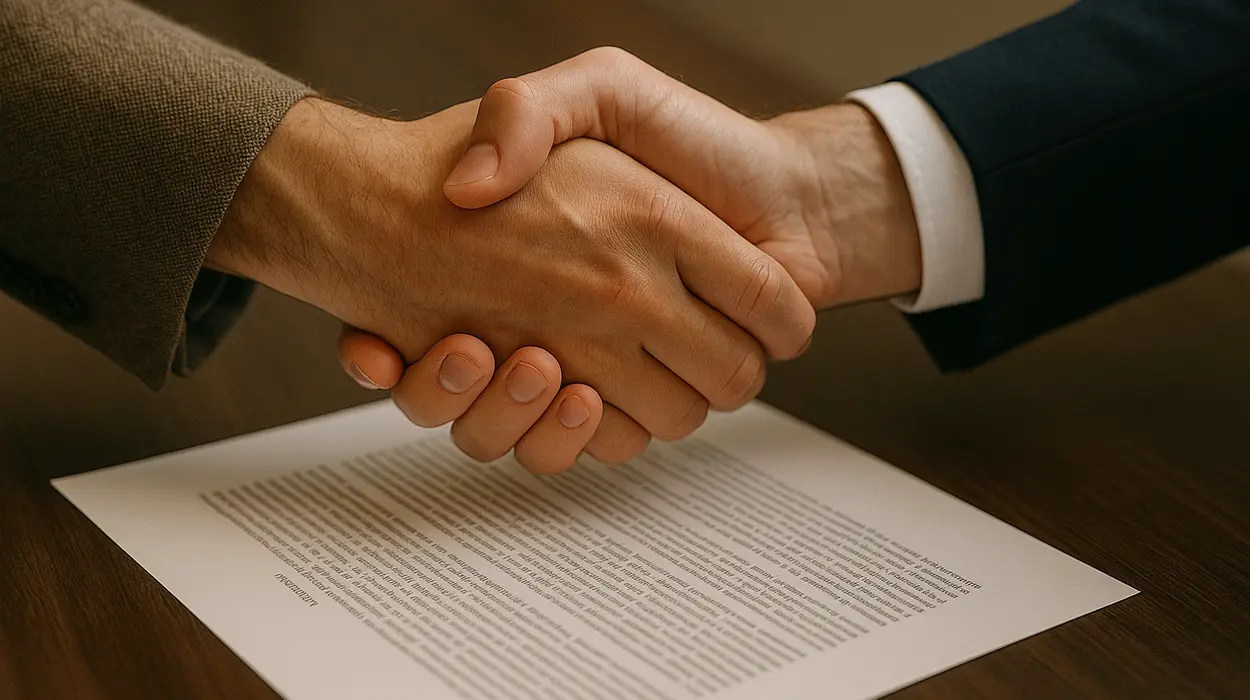 2 hands shaking closing a deal and a legal document underneath them from Menes Lemon Law Firm in Miami, FL - What to avoid before applying for lemon law