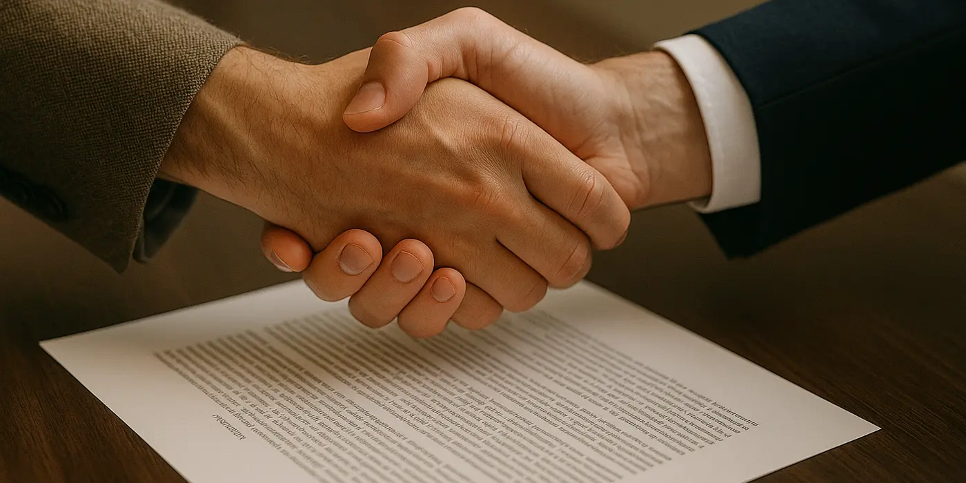 2 hands shaking closing a deal and a legal document underneath them from Menes Lemon Law Firm in Miami, FL - What to avoid before applying for lemon law