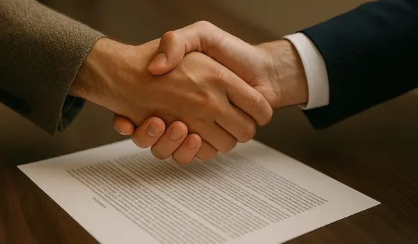 2 hands shaking closing a deal and a legal document underneath them from Menes Lemon Law Firm in Miami, FL - What to avoid before applying for lemon law