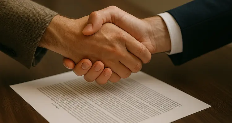 2 hands shaking closing a deal and a legal document underneath them from Menes Lemon Law Firm in Miami, FL - What to avoid before applying for lemon law